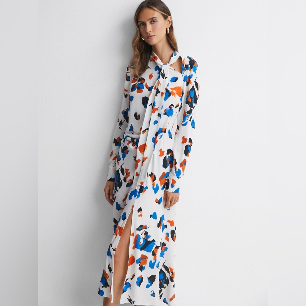Reiss White Maxi Dress with Blue, Orange and Black Abstract Print